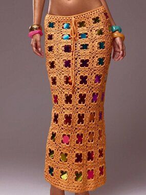 Multicolor Elegant Women's Crochet Knit Sequin Maxi Skirt
